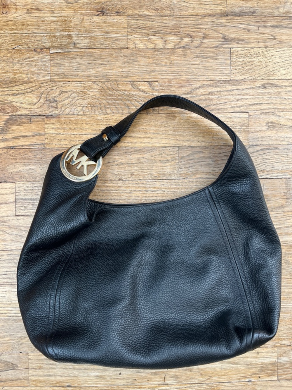 Michael Kors Black Leather Shoulder Hobo with Gold MK Charm